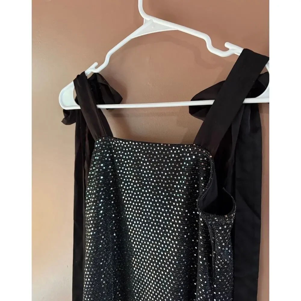 Cider Sparkly Rhinestone Party Mini Dress with Bow Shoulder Strap Ties - Picture 4 of 5